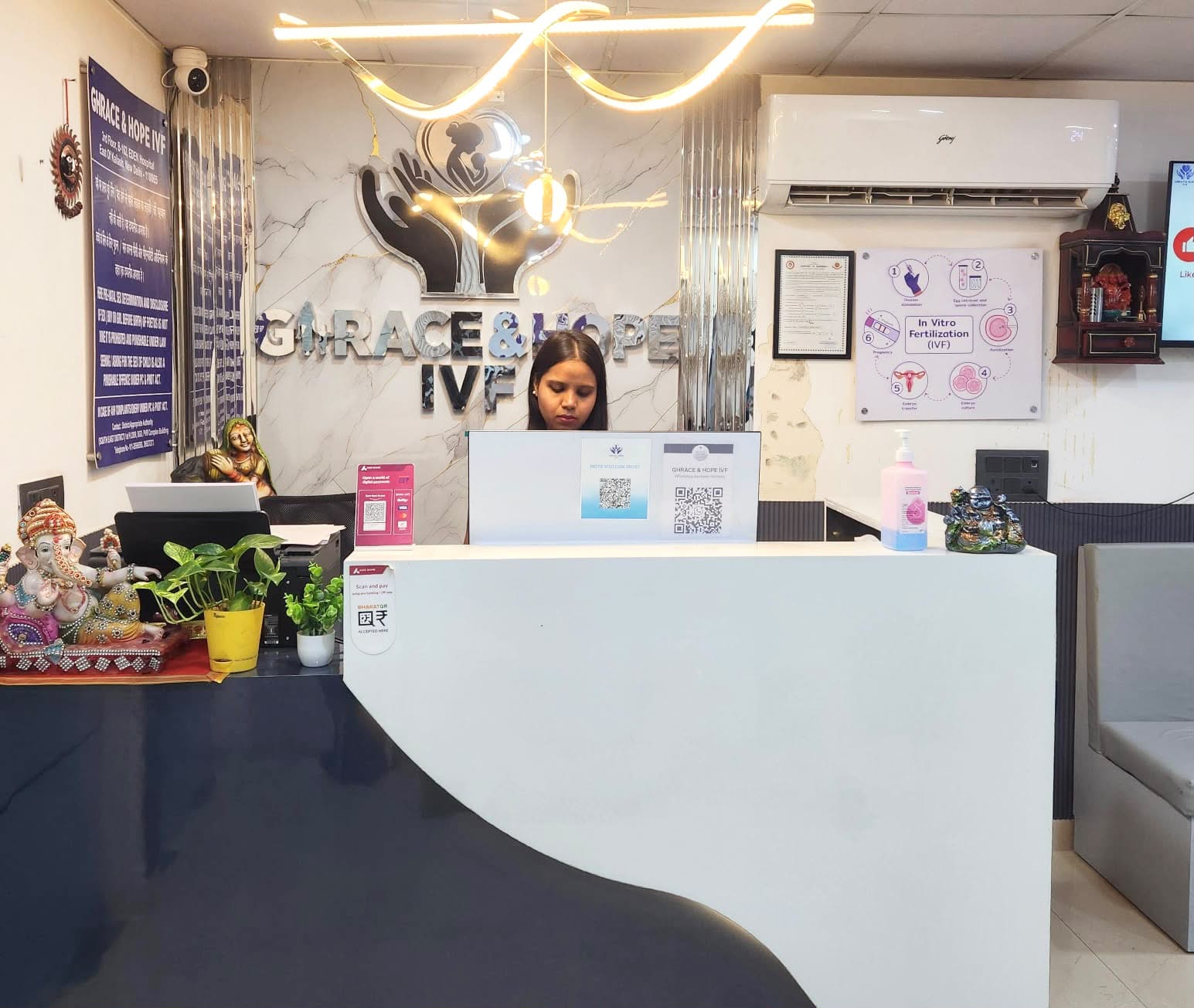 Reception area of GHRACE & HOPE IVF featuring a modern fertility clinic setup with patient assistance desk and IVF healthcare environment.
